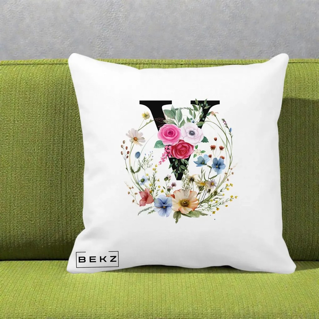 Cadou Personalizat - Perna Personalizata Monograma Florala Litera V cu Coroana, 40x40 cm, Alba Mata, Husa Detasabila, Perna Inclusa, BEKZ®