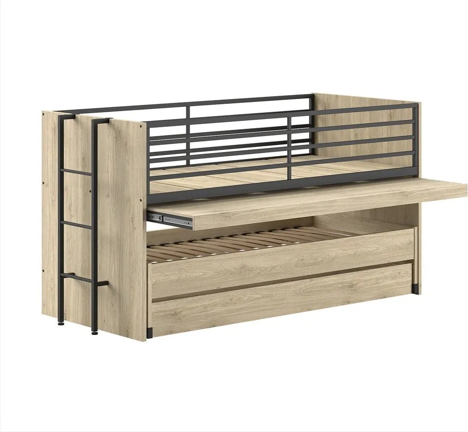 Pat pentru copii în culoare naturală supraetajat, cu extensie suplimentară cu somieră 90x200 cm Sam – Vipack