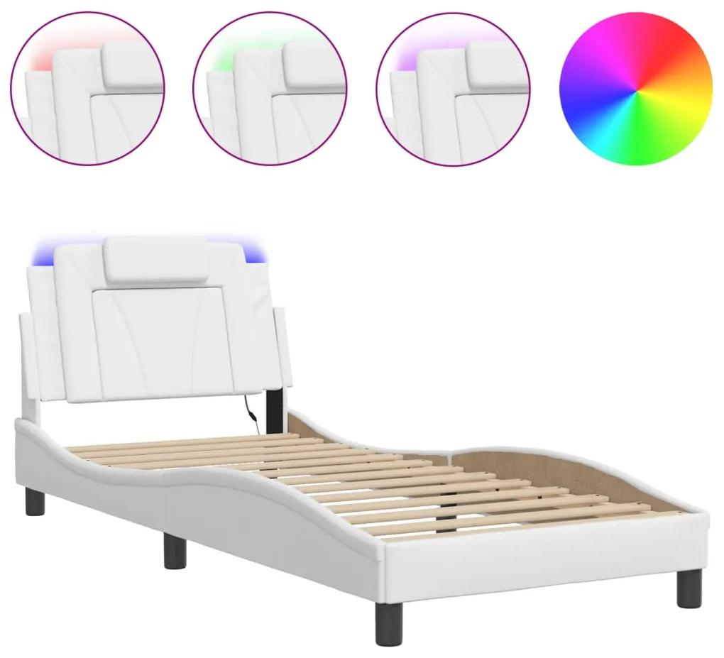 3213988 vidaXL Cadru de pat cu lumini LED, alb, 90x190 cm, piele ecologică