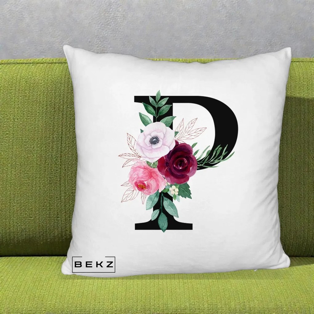Cadou Personalizat - Perna Personalizata Monograma Florala Litera P, 40x40 cm, Alb Pufos, Husa Detasabila, Perna Inclusa, BEKZ®