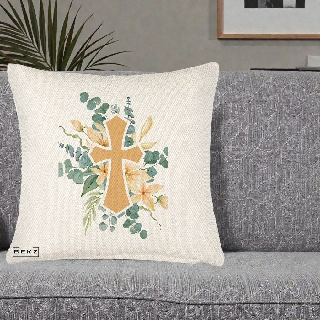 Perna Personalizata Cruce Florala Botez, 40x40 cm, Crem Reliefat, Husa Detasabila, Perna Inclusa, BEKZ®