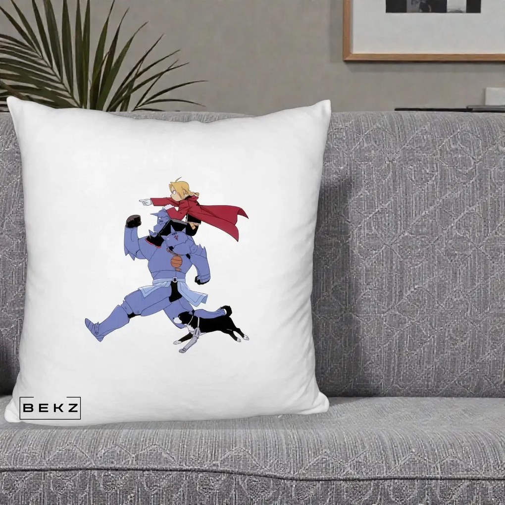 Perna Personalizata Fullmetal Alchemist Edward si Alphonse, 40x40 cm, Alb Pufos, Husa Detasabila, Perna Inclusa, BEKZ®