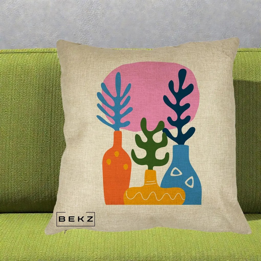 Perna Decorativa Vaze Botanice Abstract, 40x40 cm, Crem, Husa Detasabila, Perna Inclusa, BEKZ®