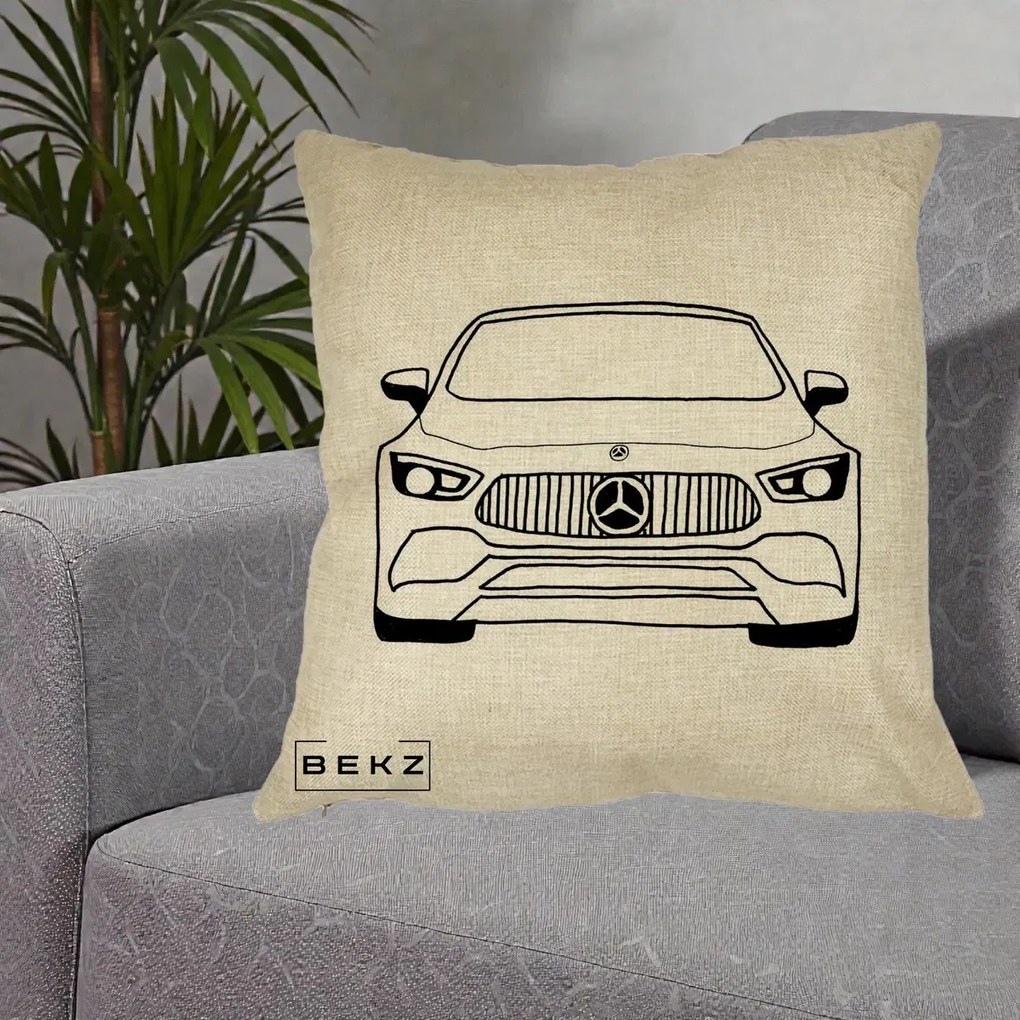 Perna Personalizata Mercedes-Benz Fata Linie, 40x40 cm, Crem, Husa Detasabila, Perna Inclusa, BEKZ®