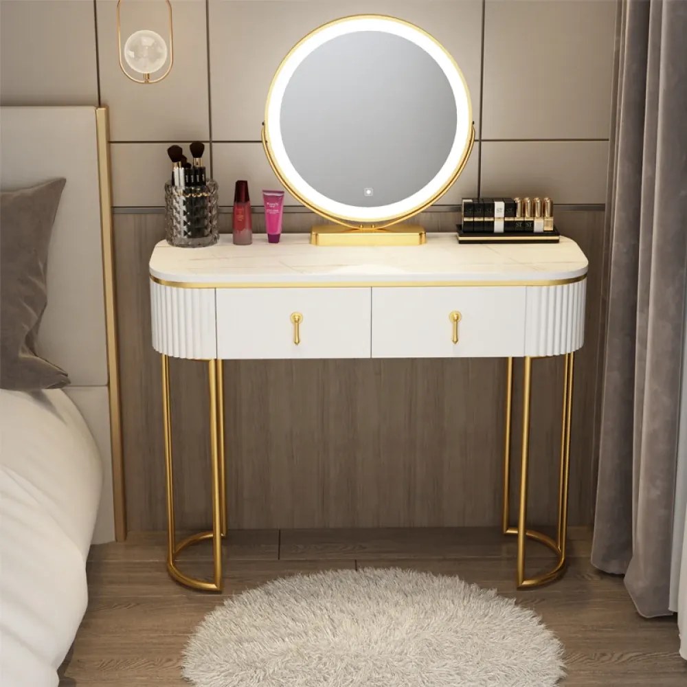 Set LISA – Masă de Toaletă pentru Machiaj, Oglindă Iluminată LED, Control Touch, Sertar, Taburet tapitat, Alb, 100x40x75 cm