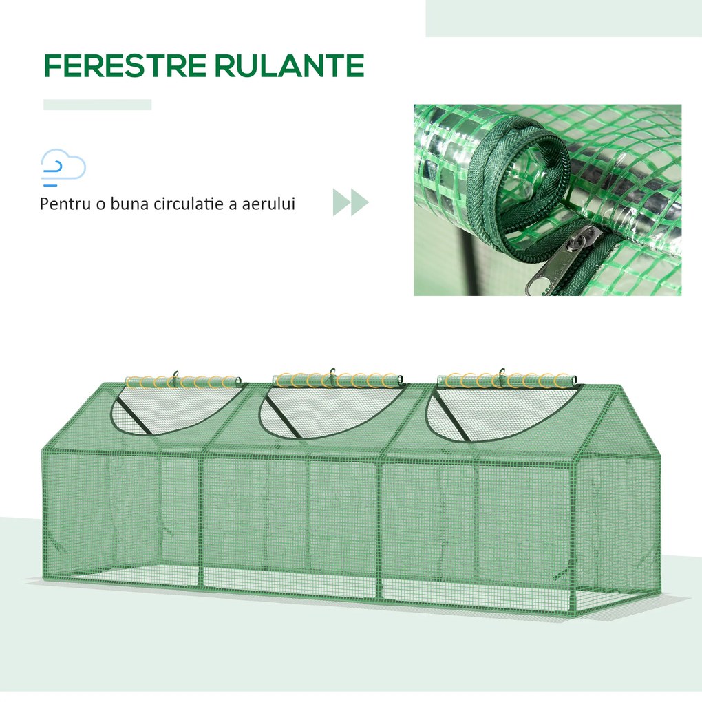 Mini sera gradina pentru plante, legume, fructe cu 3 ferestre tip rulou si protectie PE Anti-UV, verde 180x60x60cm Outsunny | Aosom Romania