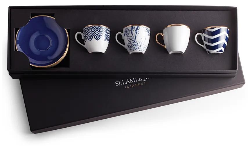 Set pentru servit cafea turcească, 4 căni cu farfurioare, culoare albastru marin - Selamlique