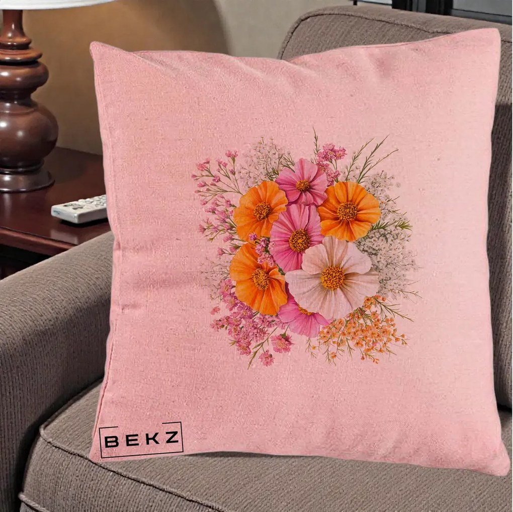 Perna Decorativa Buchet Cosmos Portocaliu Roz si Alb, 40x40 cm, Roz, Husa Detasabila, Perna Inclusa, BEKZ®