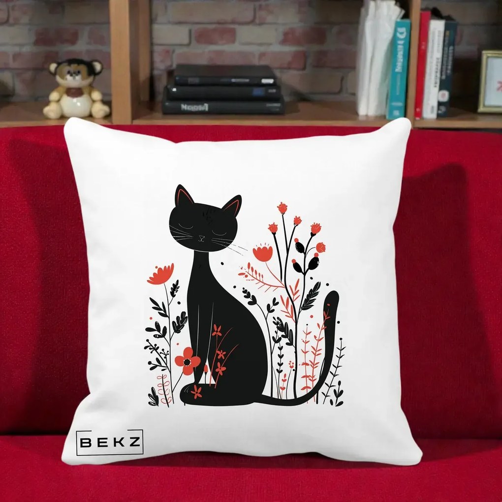 Perna Decorativa Pisica Neagra Flori Rosii Folk Minimal, 40x40 cm, Alba Mata, Husa Detasabila, Perna Inclusa, BEKZ®