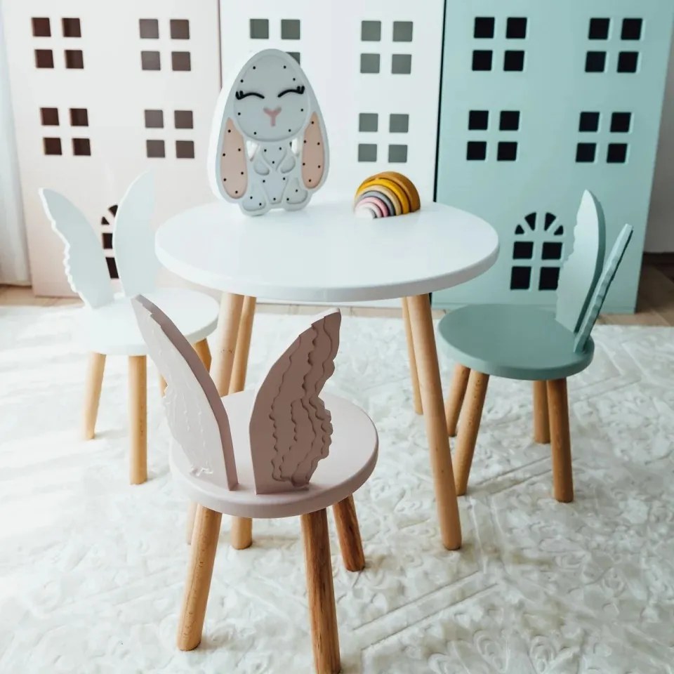 Set masuta rotunda alba si 2 scaunele ingeras mint si roz