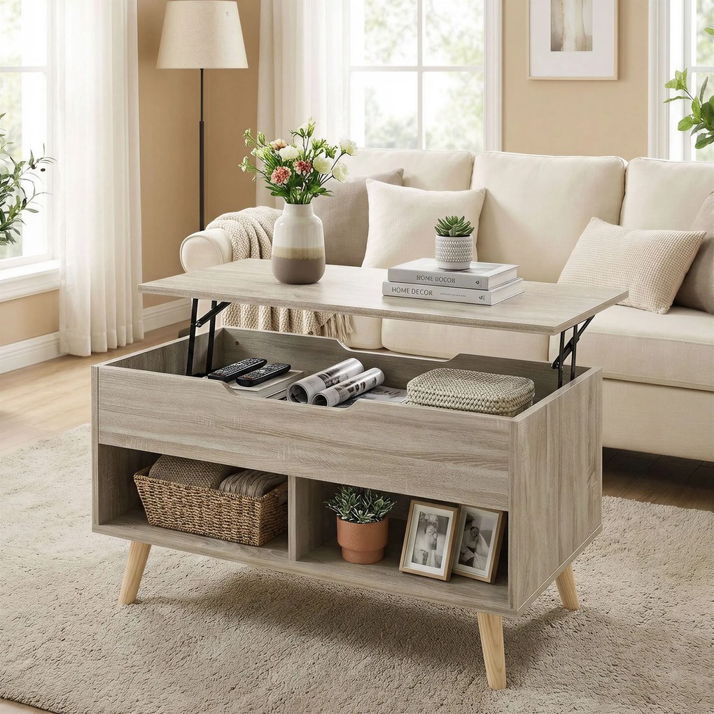 HOMCOM Masă de cafea rabatabilă, masă pentru living cu compartiment ascuns și rafturi deschise, 75 x 40 x 58 cm, lemn natural | Aosom Romania
