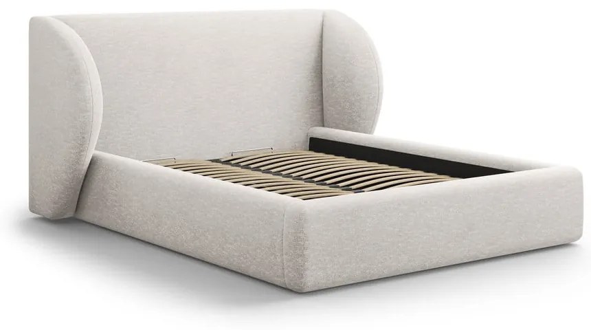 Pat matrimonial gri deschis tapițat cu spațiu de depozitare cu somieră 200x200 cm Miley – Micadoni