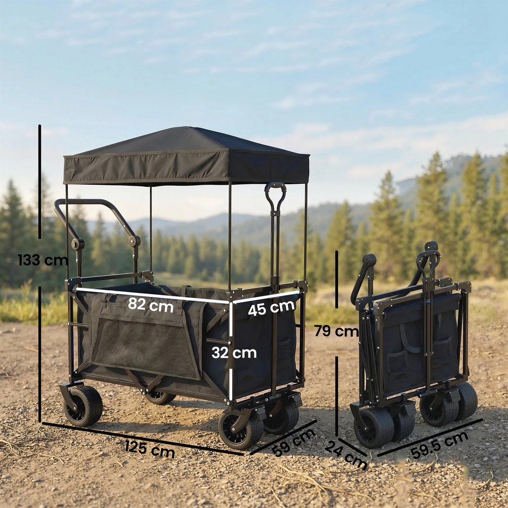 Outsunny Cărucior de grădină pliabil cu roți mari blocabile, bară reglabilă și suport pentru pahare pentru camping 125x59x133 cm Negru | Aosom Romania