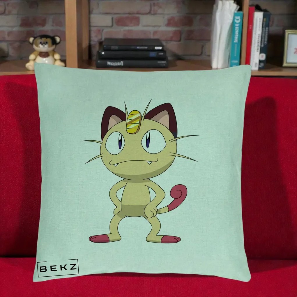 Perna Personalizata Meowth Pokemon, 40x40 cm, Verde Menta, Husa Detasabila, Perna Inclusa, BEKZ®