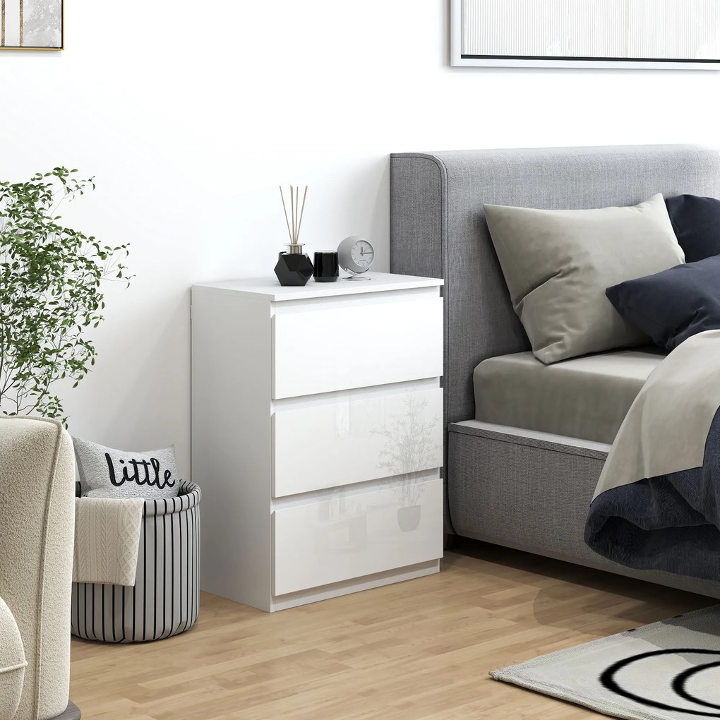 HOMCOM Comoda cu 3 Sertare Comoda de Dormitor Moderna cu Design Anti-rasturnare 55x34x75 cm Alb Lucios | Aosom Romania