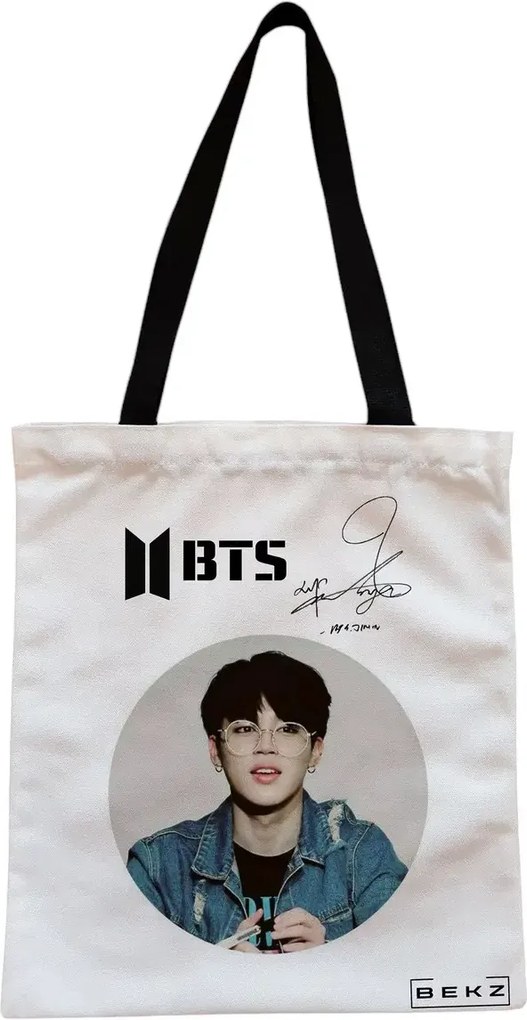 Sacosa de Panza pentru Cumparaturi, Geanta Tote, model BTS Jimin cu semnatura, Cu fermoar, 38x34.5 cm, Alba, BEKZ®