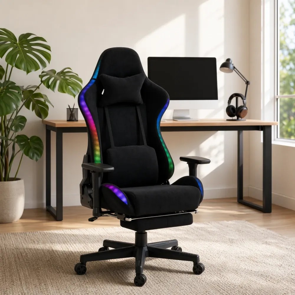 Scaun Gaming cu RGB, Iluminare LED Multicolor, Telecomanda, Cotiere 3D, Reclinare 180°, Suport Picioare, Catifea, Negru
