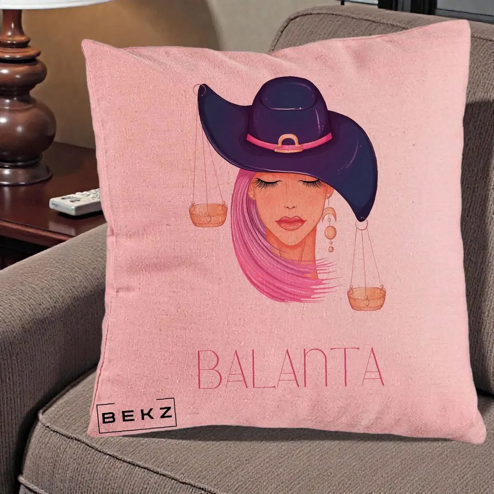 Perna Personalizata Zodiac Balanta Cowgirl, 40x40 cm, Roz, Husa Detasabila, Perna Inclusa, BEKZ®