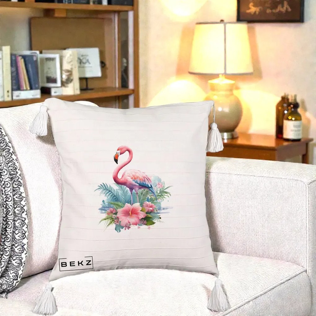 Perna Decorativa Raton in Halat Roz, 40x40 cm, Bej cu Franjuri, Husa Detasabila, Perna Inclusa, BEKZ®