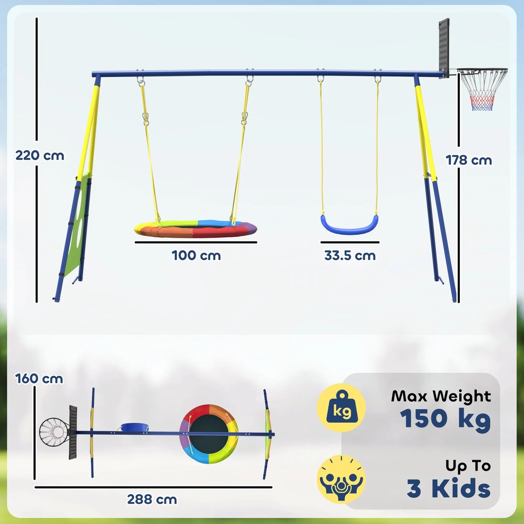 AIYAPLAY Set Leagăne de Grădină 4-în-1 pentru Copii cu Leagăne Duble, Coș de Baschet, Poartă de Fotbal, Cadru Metalic în Formă de A, Capacitate 150 kg, pentru Exterior, 3-8 Ani, 288x160x220 cm | Aosom Romania
