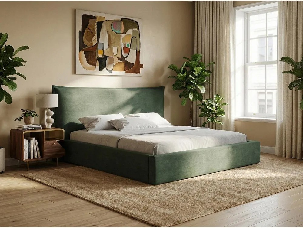 Pat matrimonial verde tapițat cu spațiu de depozitare cu somieră 160x200 cm Esala – Makamii
