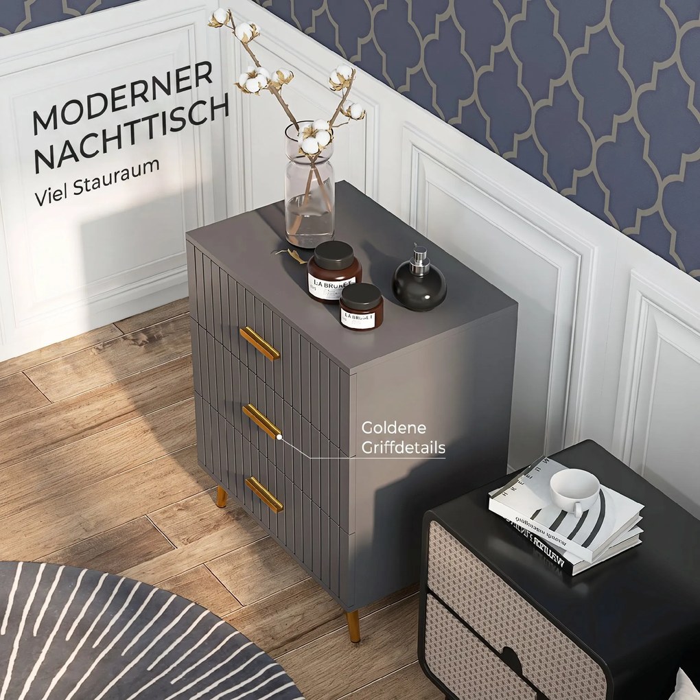 HOMCOM Comodă pentru Dormitor, Dulap Modern cu 3 Sertare,  Sertar de Depozitare cu Picioare din Aluminiu, 60x40x71.5 cm, Gri Închis
