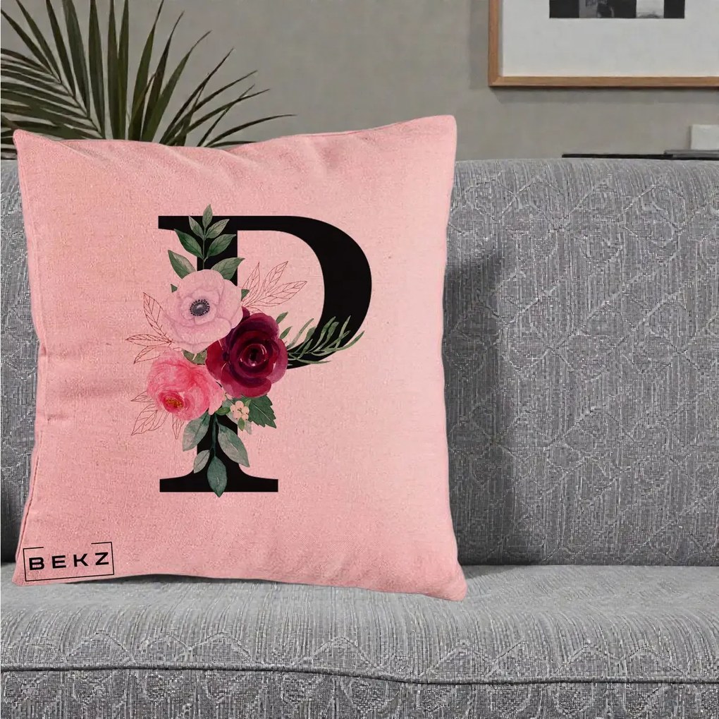 Cadou Personalizat - Perna Personalizata Monograma Florala Litera P, 40x40 cm, Roz, Husa Detasabila, Perna Inclusa, BEKZ®