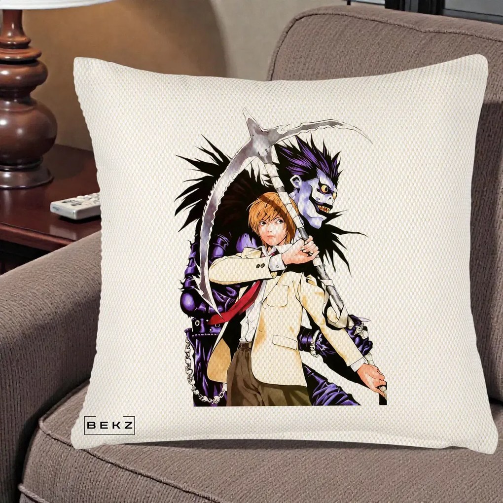 Perna Personalizata Death Note Light si Ryuk Duo, 40x40 cm, Crem Reliefat, Husa Detasabila, Perna Inclusa, BEKZ®