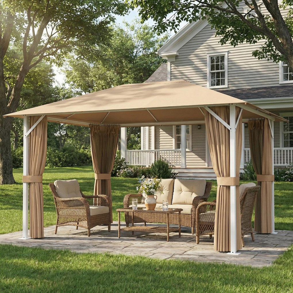 Outsunny Tonelă de Grădină Pavilion Structură Metalică Stabilă 60mm Protecție UV50+ și 10 Orificii de Drenaj 394x294x255cm kaki | Aosom Romania