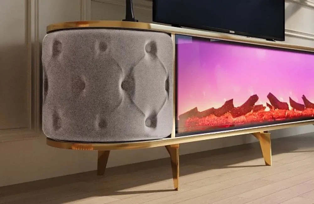 RESIGILAT- Comoda TV cu șemineu electric și riflaje, boxe Bluethooth, Crem/Auriu, 180x40x50cm