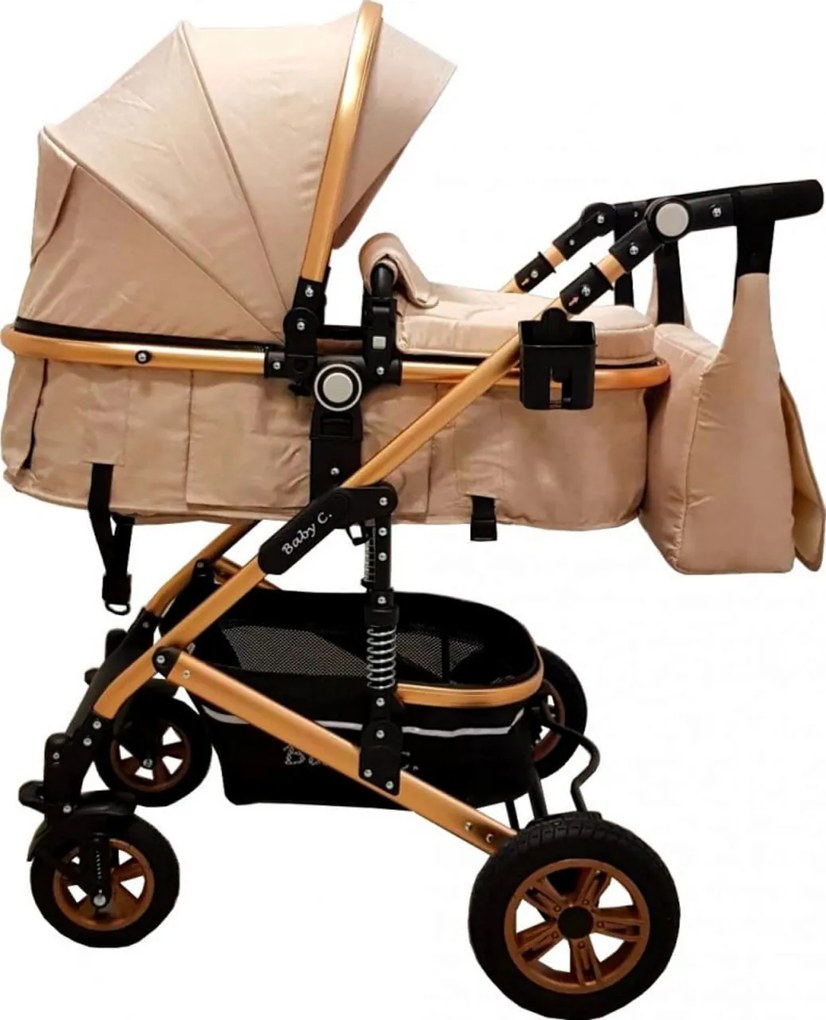 Carucior nou nascuti 3 in 1 Baby Care™ PRO 531 , Cu geanta Bebe inclusa, Cadru Aluminiu Gold, Amortizoare, Roti din cauciuc plin AVE, Landou, Scoica