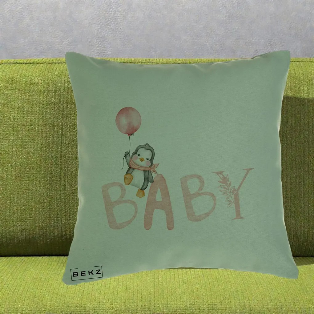 Perna Personalizata Baby Pinguin Roz, 40x40 cm, Verde, Husa Detasabila, Perna Inclusa, BEKZ®