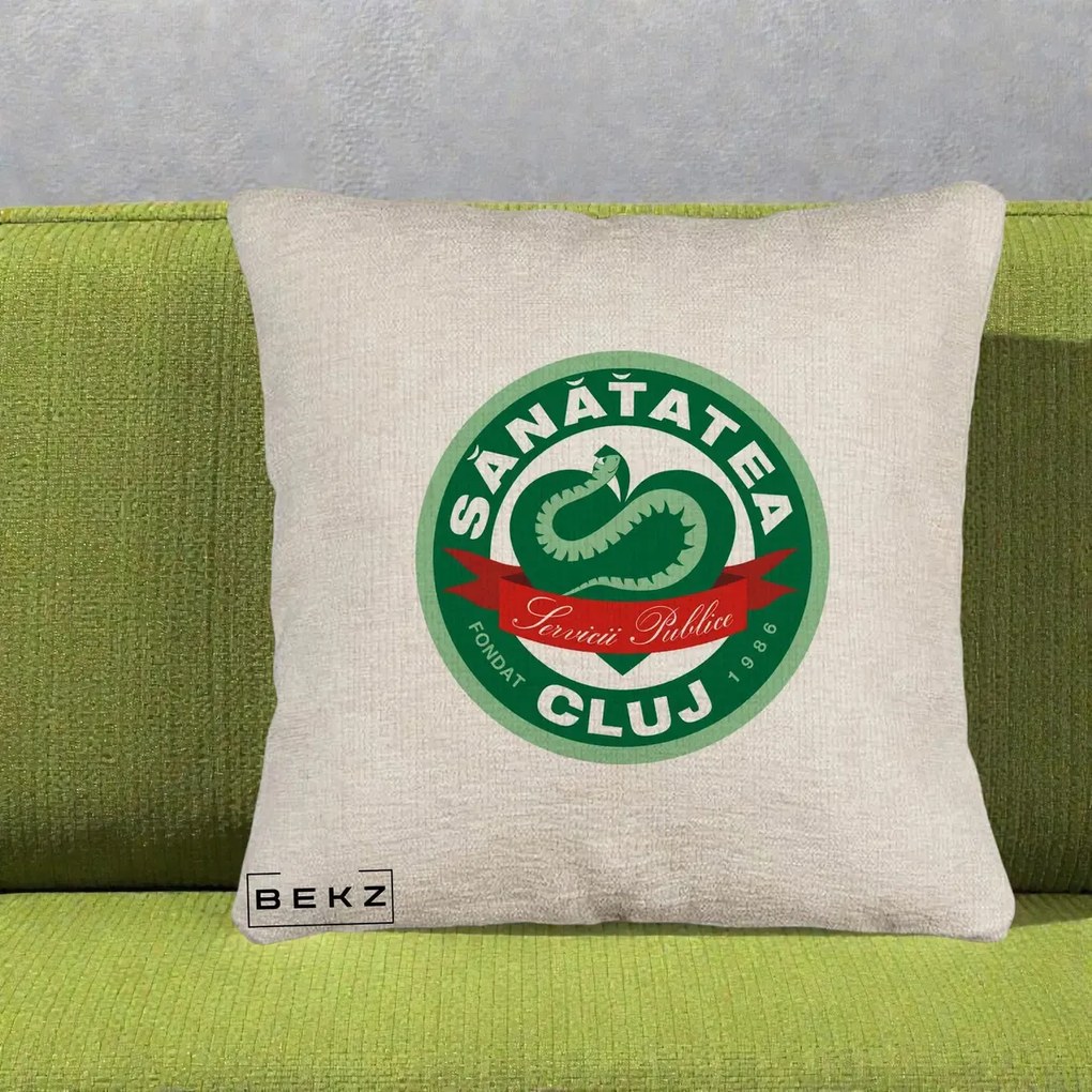 Perna Personalizata Sanatatea Cluj Servicii Publice 1986, 40x40 cm, Bej Canapea, Husa Detasabila, Perna Inclusa, BEKZ®