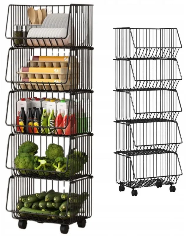 Etajera metalica pe roti QUANTA, 5 cosuri, negru