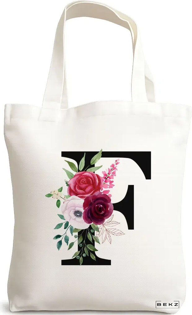 Sacosa de Panza pentru Cumparaturi, Geanta Tote, Cu litera F si Trandafiri, 38x34.5 cm, Alba, BEKZ®
