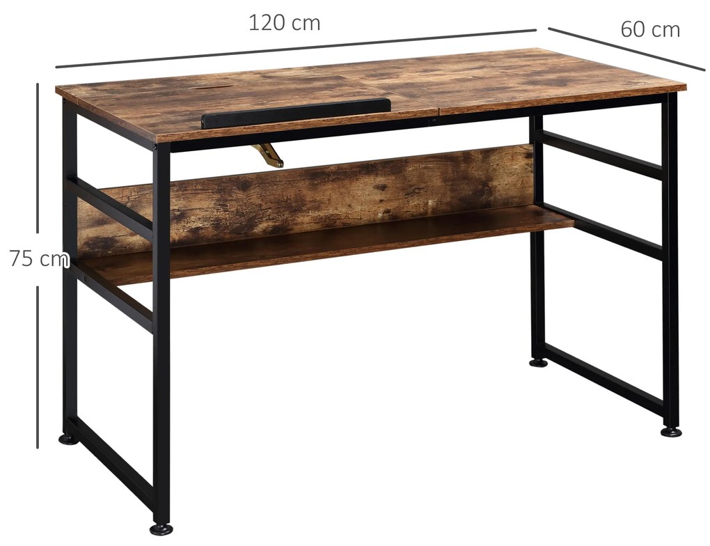 HOMCOM Masa pentru desen rabatabila pe 15 niveluri de la 0-70°, birou pentru camera si birou in stil industrial, 120x60x75cm, maro | Aosom Romania