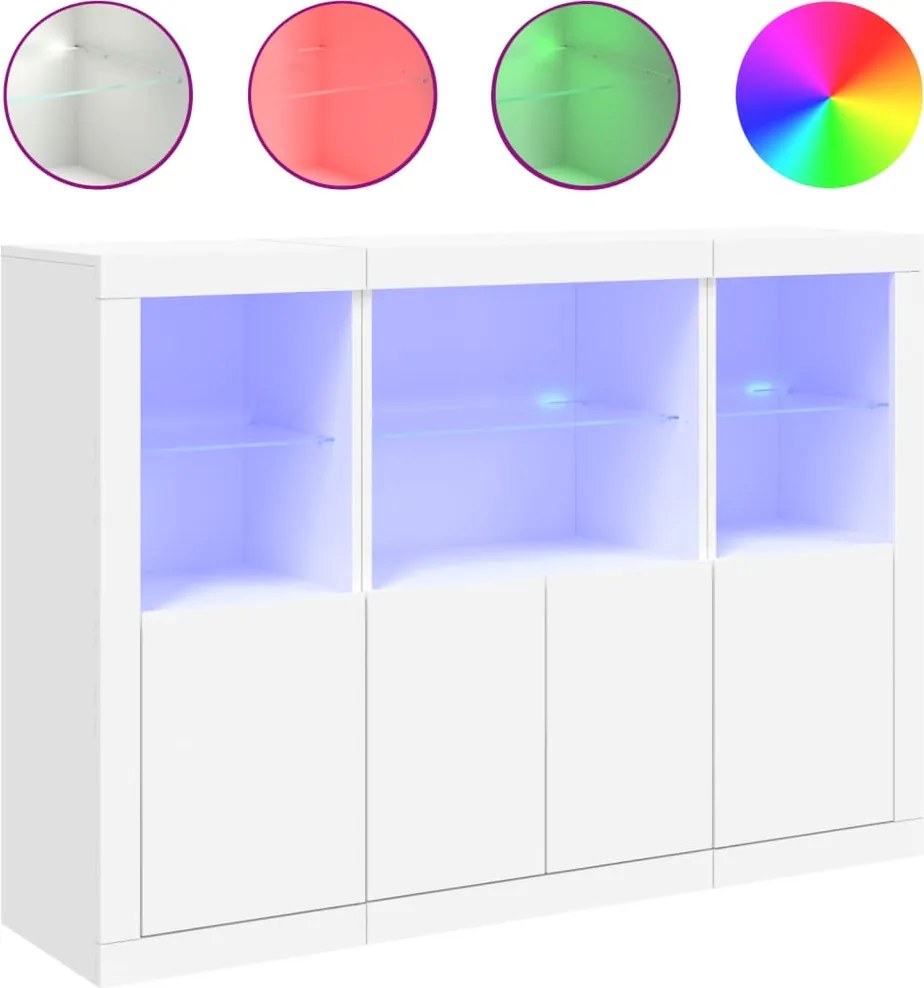 vidaXL Servantă cu lumini LED, 3 buc., alb, lemn prelucrat