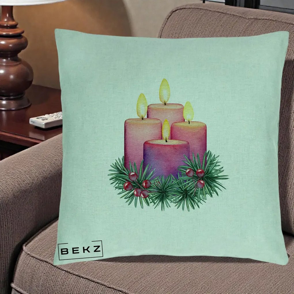 Perna Decorativa Lumanari Advent Roz-Violet, 40x40 cm, Verde Menta, Husa Detasabila, Perna Inclusa, BEKZ®