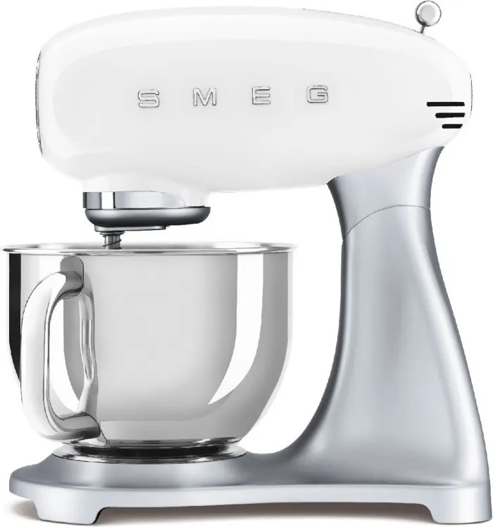 Mixer planetar Smeg SMF04WHEU, 800 W, 4,8 l, 10 viteze, funcție de pornire treptată, picioare antiderapante, alb/inoxidabil