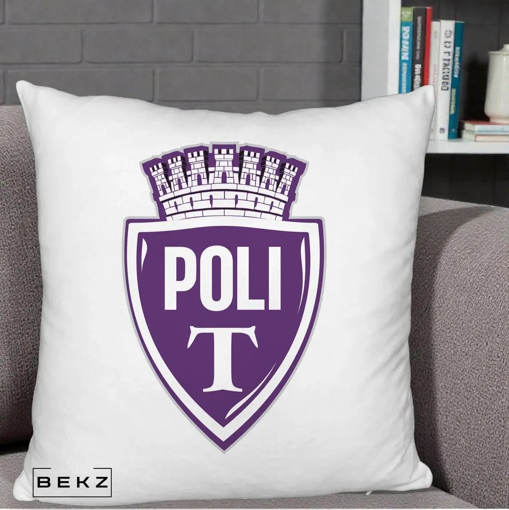 Perna Personalizata Poli Timisoara Fotbal, 40x40 cm, Alb Pufos, Husa Detasabila, Perna Inclusa, BEKZ®