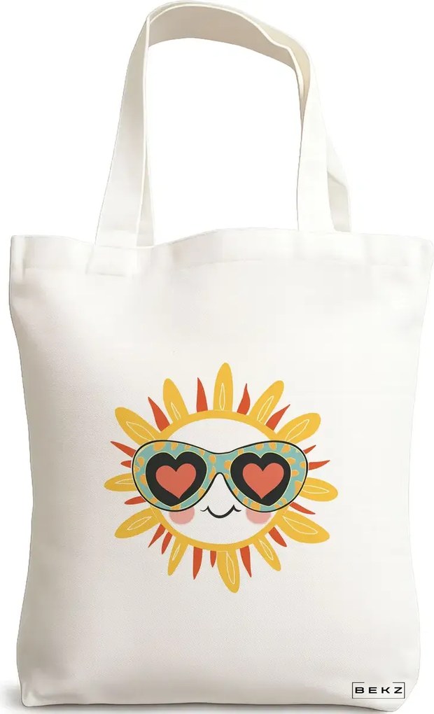 Sacosa de Panza pentru Cumparaturi, Geanta Tote, model Sun faces 12 38 x 34.5 cm, Alba, BEKZ®