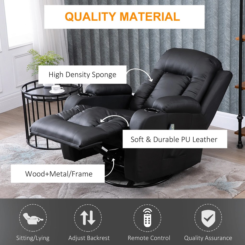 HOMCOM Fotoliu Relax pentru Masaj Rabatabil din Imitatie de Piele Bej cu 8 Puncte de Masaj si Telecomanda, 85x94x104cm, Negru | AOSOM RO