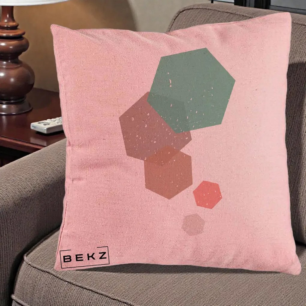 Perna Decorativa Geometric Hexagoane Pastel, 40x40 cm, Roz, Husa Detasabila, Perna Inclusa, BEKZ®
