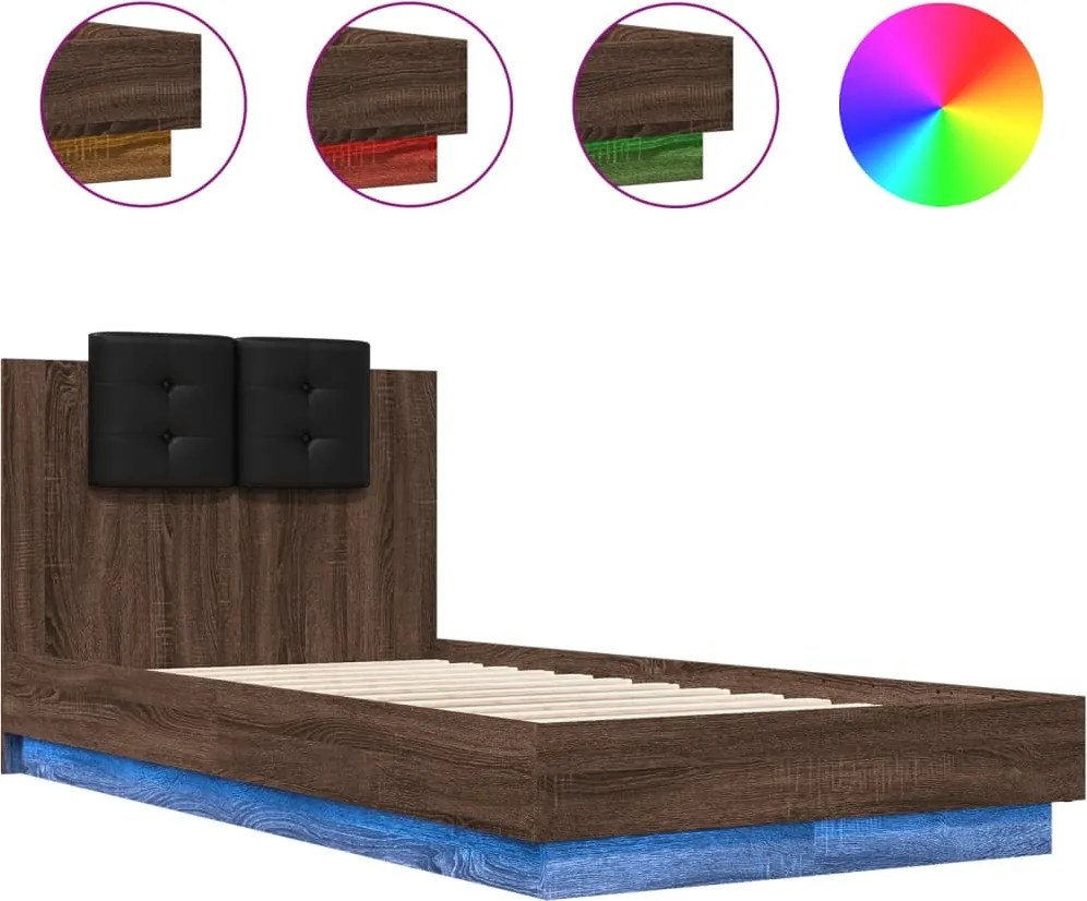 vidaXL Cadru de pat cu tăblie și lumini LED, stejar maro, 75x190 cm