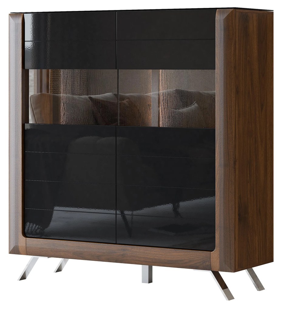 Vitrină Kassie Typ 42 (negru lucios + nuc columbia) (cu iluminat). 1108365
