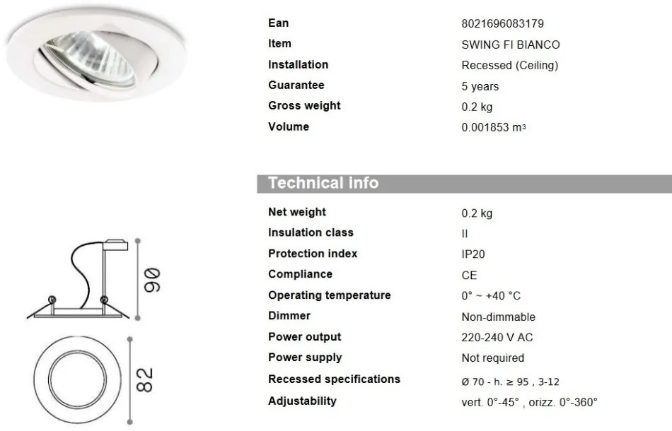 Set de 3 spoturi orientabile, incastrabile diam.8,2cm, SWING FI1 alb 083179