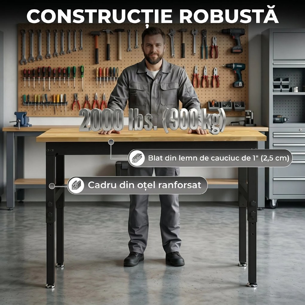 HOMCOM Masă de Lucru Reglabilă 122 cm, Blat Robust din Lemn de Cauciuc, 2 Prize AC și 2 Porturi USB, Panou Perforat, Capacitate 900 kg, pentru Garaj, Atelier și Casă | Aosom Romania
