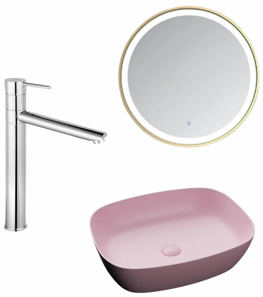 Set lavoar baie pe blat, roz mat, Bristol Foglia, baterie crom lucios inalta si oglinda cu rama aurie, cu iluminare LED si dezaburire