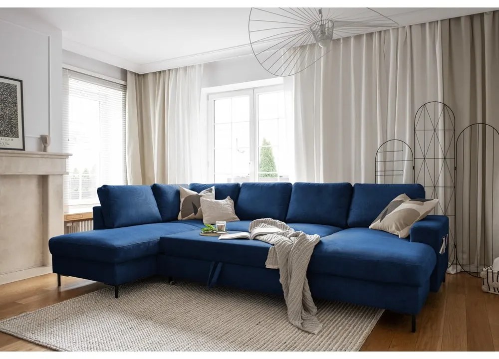 Colțar albastru închis extensibil cu tapițerie din catifea reiată (cu colț pe partea stângă ) Lofty Lilly – Miuform