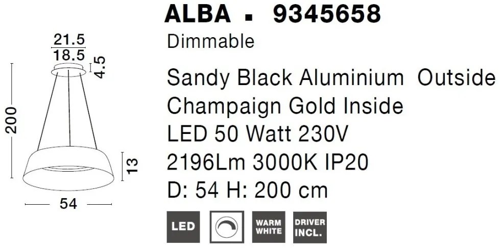 Pendul LED dimabil design modern ALBA negru 54cm